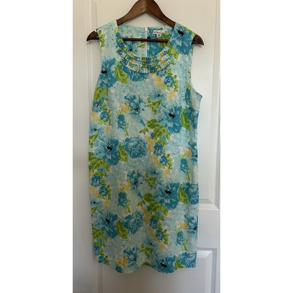 Kim Rogers Linen Shift Dress Womens 16 Blue Floral Sleeveless Pleated Neck - Picture 2 of 10